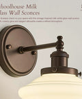 Wall Sconce Lighting Oil Rubbed Bronze Milk Glass Hardwired Wall Sconces with round backplate and milk white glass shade detail.