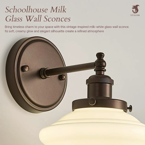 Wall Sconce Lighting Oil Rubbed Bronze Milk Glass Hardwired Wall Sconces with round backplate and milk white glass shade detail.