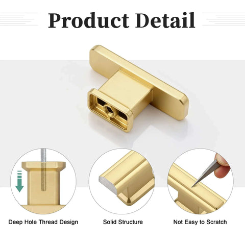 Close-up of Six Pack Brushed Gold Cabinet Pulls With Single Hole Design Built Like A Tank Heavy Duty Zinc Alloy Drawer Handles details