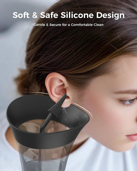 Effortless Ear Wax Cleaner With One Hand Operation shown with soft silicone tip in ear for gentle cleaning