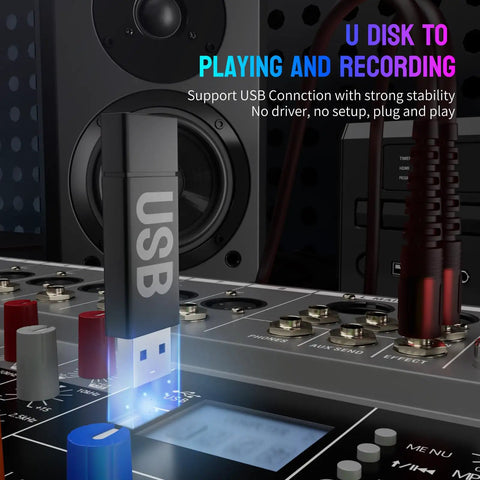 Six Channel DJ Mixer With Bluetooth Streaming And USB Interface, Six XLR Mic/Line Inputs, AUX, FX Processor, USB inserted
