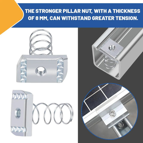16 Piece Spring Strut Channel Nut Kit With One Quarter Five Sixteenth Three Eighth And Half Inch Threads For Solar Panel Mounting showing durable pillar nuts with spring.