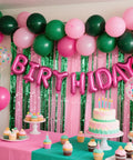 12 Inch Pink And Green Balloons Set Of 50 For Pink Green Theme Parties with cake and cupcakes on decorative table