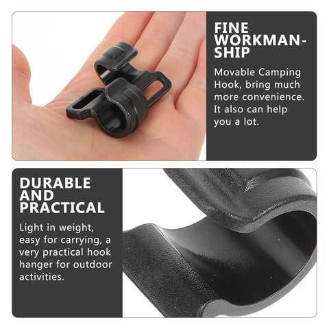 Ten Pack Large Plastic Camping Tent Hooks in hand and close-up views, showcasing movable design and craftsmanship for outdoor gear.