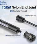 Close-up of front hood gas springs lift supports showing 10mm nylon end joint and M6 female thread