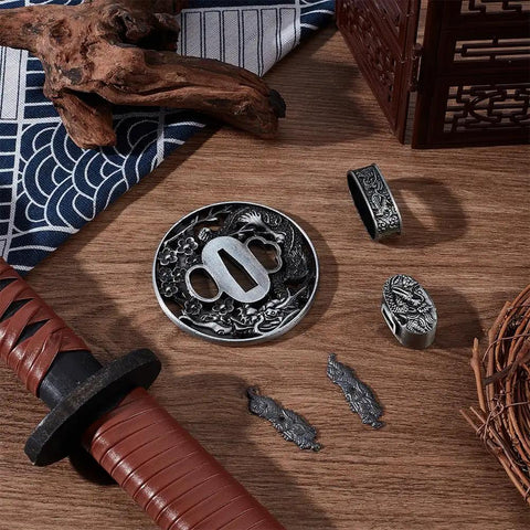Dope Dragon Tsuba Set For Samurai Swords Antique Silver Handguard Kit For Katana Restoration on wooden table