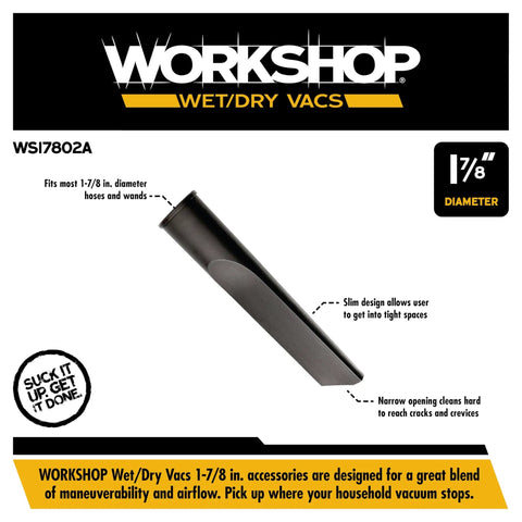 Slim Crevice Tool Attachment for Wet Dry Vacuums Reaches Tight Gaps Under Appliances and Between Car Seats Fits Most Extension Wands and Hoses Pro Grade Cleanup for Cracks and Narrow Crevices showing size and design features