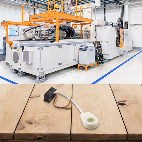 High Precision Dc Voltage And Current Meter With Hall Effect Sensor And Smart Alarm System Dual Digital Display on wooden surface with machinery background.