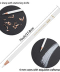 White Charcoal Pencils Set, 5 Piece For Dark Paper Sketching And Shading, 7 inch round barrel pencil with shavings and chalk stroke.