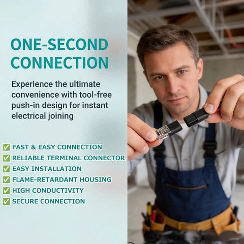 Man demonstrating one second push in wire connectors with locking buckle, flame retardant black electrical connectors for quick wiring.