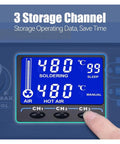 LCD display of 992D Plus All In One Pro Grade Soldering Station showing temperature settings.