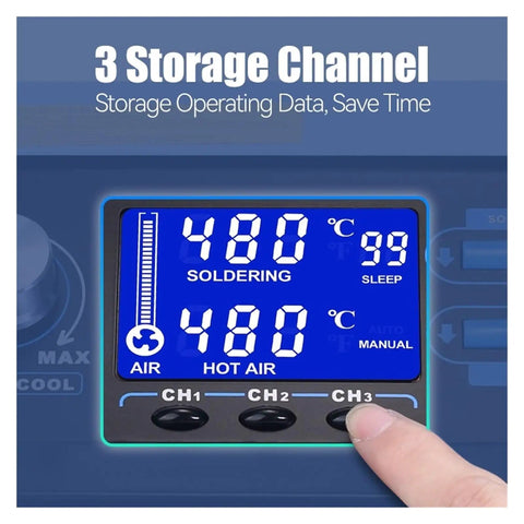 LCD display of 992D Plus All In One Pro Grade Soldering Station showing temperature settings.