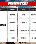 Table displaying sizes and force ratings for Heavy Duty 36 Inch Gas Struts Rock Solid Lift Support Springs for Tonneau Covers.