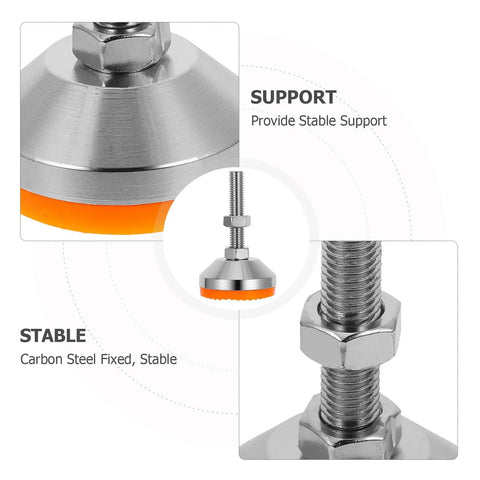 Top Notch Heavy Duty Adjustable Machine Levelers With Carbon Steel Caps And Grippy Rubber Bases For A Rock Solid Setup On Drill Presses And Lathes Pack Of Four close-up of adjustable leveler with carbon steel cap and rubber base.