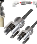 Dual Function Pipe Threading Tool For Internal And External Threads That Works With PVC One Half Inch And Three Quarter Inch Sizes Electric Drill Compatible Rethreading Tool For Plastic Pipes in use with pipe fittings.