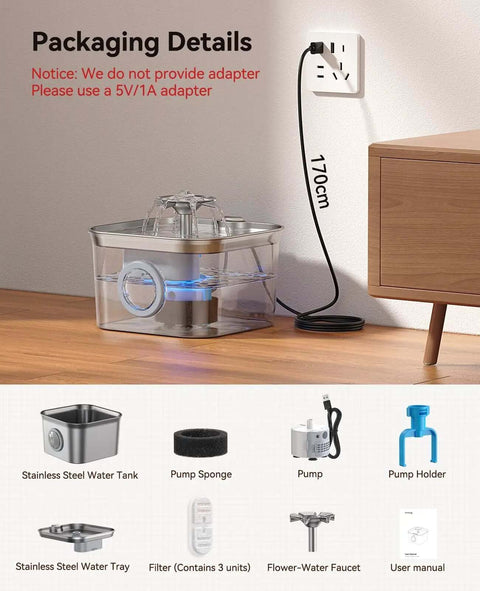 Quiet Stainless Steel Cat Water Fountain 2.8L With 20dB Ultra Quiet Pump, LED Water Level Window, components included, packaging details