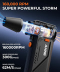 High Power 160,000 RPM Electric Air Duster Blower with brushless motor, illustrating speed and airflow details.