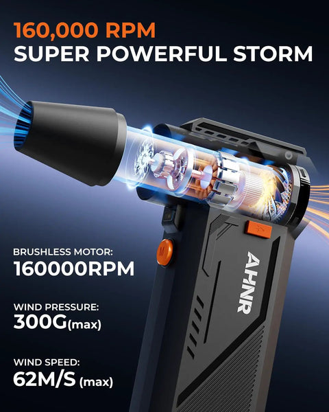 High Power 160,000 RPM Electric Air Duster Blower with brushless motor, illustrating speed and airflow details.