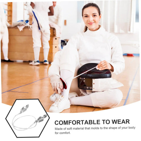 Fencer with mask using Fencing Body Cord Connector Clip With Double Clips Design For Tight Grip And Secure Connection.
