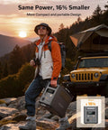 Man with portable power station in hand, wearing backpack in outdoor setting, emphasizing compact design. Feature Filled Portable Power Station With 3072Wh Capacity And Bonus Expansion Pack Clutch For Home Backup Rv Adventures Camping And Off Grid Life Legit LifePo4 Cells Plus Rapid Ups Transition Keeps You Covered.