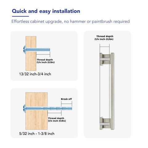 Installation guide for 10 Pack 5 Inch Brushed Nickel Cabinet Pulls with mounting screw dimensions and thread depth details
