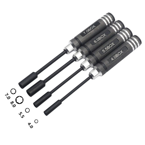 Four Piece Hex Nut Key Socket Driver Set For RC Gear 4.0, 5.5, 7.0 And 8.0 Millimeter Sockets Aluminum Sleeve Wrench Set