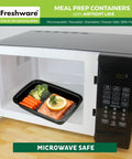 50 Pack Meal Prep Containers With Lids, 1 Compartment Bento Boxes, BPA Free, shown in microwave with salmon and carrots.