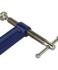 Super Handy Quick Grip C Clamp Two And A Half Inch Opening And Two And A Half Inch Throat Depth Smooth Rolled Threads For Fast Secure Hold On Woodworking And Metalworking Projects blue steel C-clamp with T-handle screw