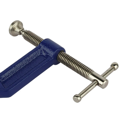 Super Handy Quick Grip C Clamp Two And A Half Inch Opening And Two And A Half Inch Throat Depth Smooth Rolled Threads For Fast Secure Hold On Woodworking And Metalworking Projects blue steel C-clamp with T-handle screw