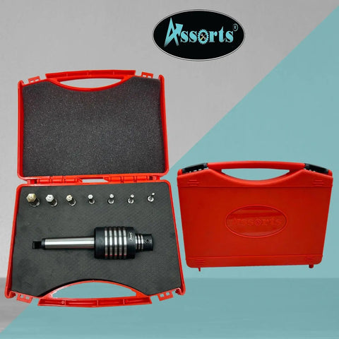 MT2 Rotary Broach Tool Holder With 7 Piece Hex Broach Set In Imperial Sizes for Milling And Lathe Projects in red case