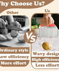 Left panel: hand slices potatoes with a knife; right panel: FATUXZ large potato crinkle cutter with red handle.