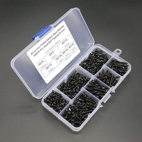 Heavy Duty M3/3mm Pan Head Self Tapping Screws Assortment Kit 500 Pack Zinc Plated Carbon Steel Drill Fasteners in clear storage box.