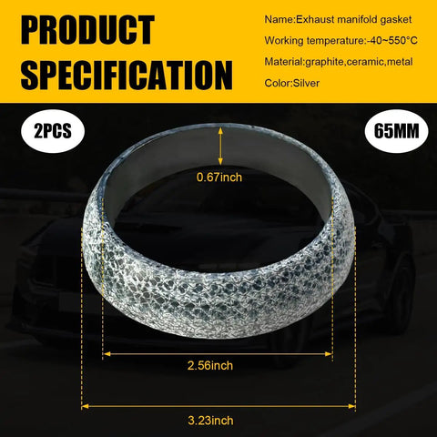 Leakproof Graphite Exhaust Gasket Set For 65Mm ID Pipes, silver, 65mm diameter, ceramic and metal material, measuring 0.67 inch height.