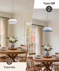 Ceramic Blue and White Pendant Light,Porcelain Light Fixture Kitchen Island above a wooden dining table with floral vase.