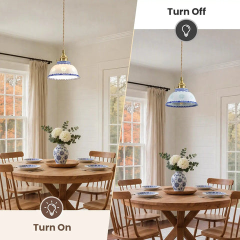 Ceramic Blue and White Pendant Light,Porcelain Light Fixture Kitchen Island above a wooden dining table with floral vase.