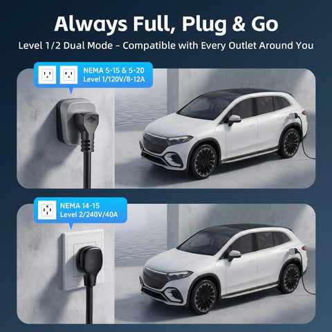 Tesla Compatible Level 2 EV Charger With 40A Adjustable Current 240V Plugged into Car