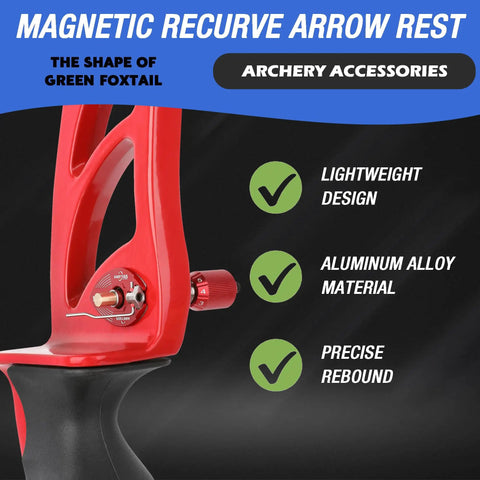 Close-up of Pro Grade Magnetic Recurve Bow Arrow Rest And Plunger Set, showing red aluminum arrow rest and adjustment knob.