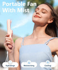 Woman using Portable Misting Fan With 15ml Water Tank Handheld Personal Mister Rechargeable Mini Spray Fan for a refreshing burst