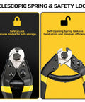 Close-up of Beefy 7-1/2 Inch Heavy Duty Wire Rope Cutter With Chrome Vanadium Steel Jaw, showing telescopic spring and safety lock features.