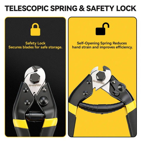 Close-up of Beefy 7-1/2 Inch Heavy Duty Wire Rope Cutter With Chrome Vanadium Steel Jaw, showing telescopic spring and safety lock features.
