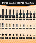 Rock Solid 16 Inch Rivet Nut Tool Kit With 110 Inserts And 11 Mandrels For Metric And Sae Bolts To Fix Your Ride Or Shop Projects With Ease Today, 11 mandrels and 110 rivet nuts