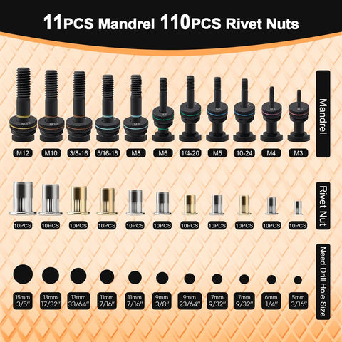 Rock Solid 16 Inch Rivet Nut Tool Kit With 110 Inserts And 11 Mandrels For Metric And Sae Bolts To Fix Your Ride Or Shop Projects With Ease Today, 11 mandrels and 110 rivet nuts