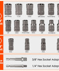 Broken Bolt Extractor Kit With 54 Pieces Easy Out Set showing various sizes of drive sockets and adapters on display