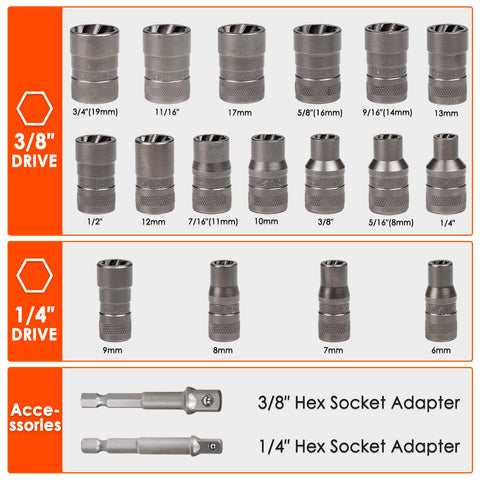 Broken Bolt Extractor Kit With 54 Pieces Easy Out Set showing various sizes of drive sockets and adapters on display