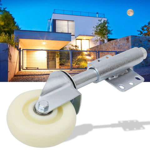 Heavy Duty Gate Wheels 4 Pack Straight Up Smooth Rolling Metal Gate Rollers 110 Lb Load Capacity on a gate with a modern house background.