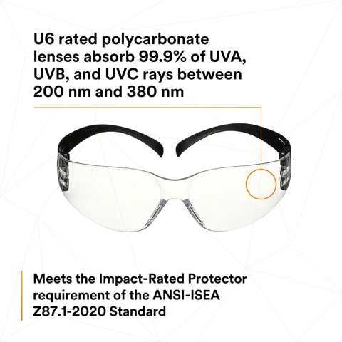 SecureFit 100 Series Safety Glasses 100 Pack with Clear Lenses and Black Temples, ANSI Z87 Impact Rated, Front View SF101AFBLK