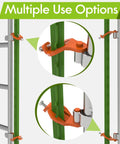 Heavy Duty Gate Hinge Pins For Metal Posts Durable Steel Gate Hangers For Farm Garden And Backyard Fences Easy Install With All Mounting Screws Rust Resistant Weatherproof Patented Design For Secure Long Lasting Gate Support. Image shows hinge pins installed on green metal post with orange connectors highlighting flexibility and strength.