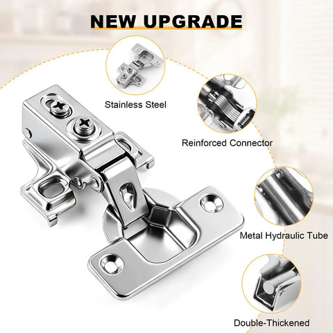 Four Pack Soft Close Cabinet Hinges, No Squeak, 1/2 Inch Overlay, Stainless steel concealed cup hinges with 105 degree opening.