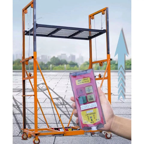 Heavy Duty Electric Forklift Lift with remote control, showcasing sturdy steel frame and smooth mobility on a rooftop.