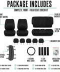 Package includes diagram for Full Set Cloth Car Seat Covers With Universal Fit For Front Seats And Split Rear Bench, Black Everyday.